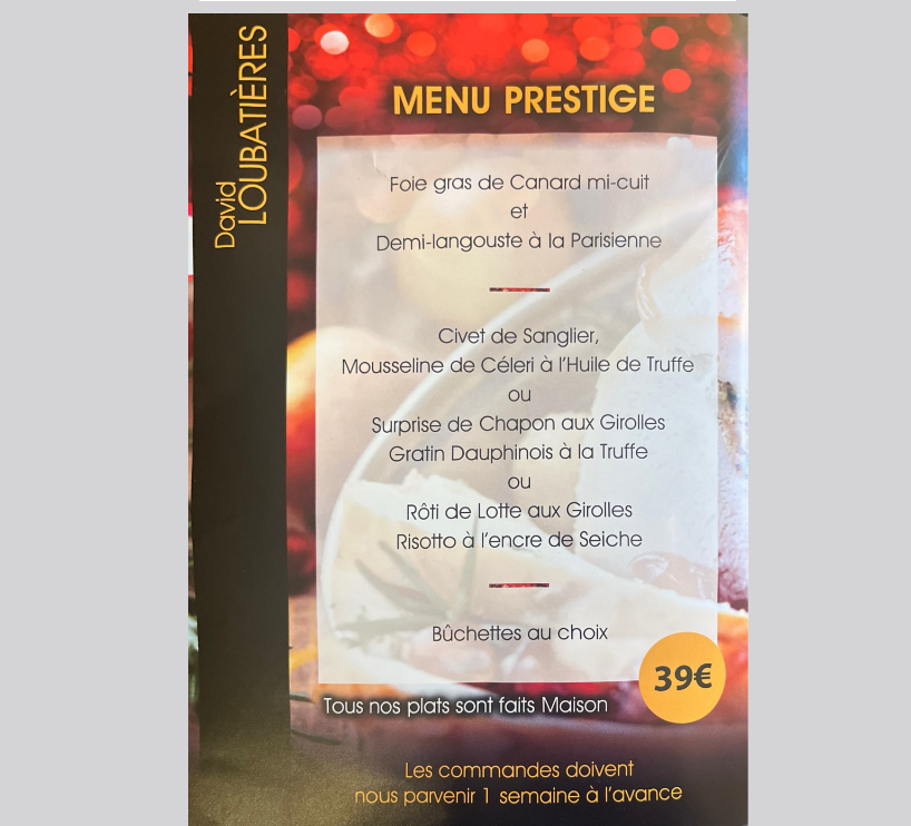 Menu Prestige pour les fêtes